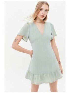 Urban Outfitters Sage Green V-Neck Ruffled Mini Dress